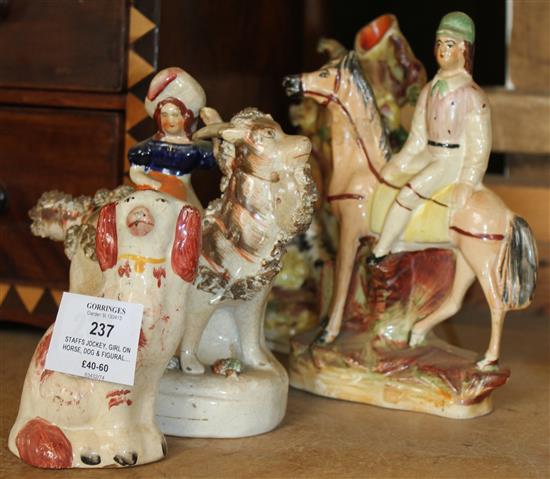 Staffs jockey, girl on horse, dog & figural group with dog (4)